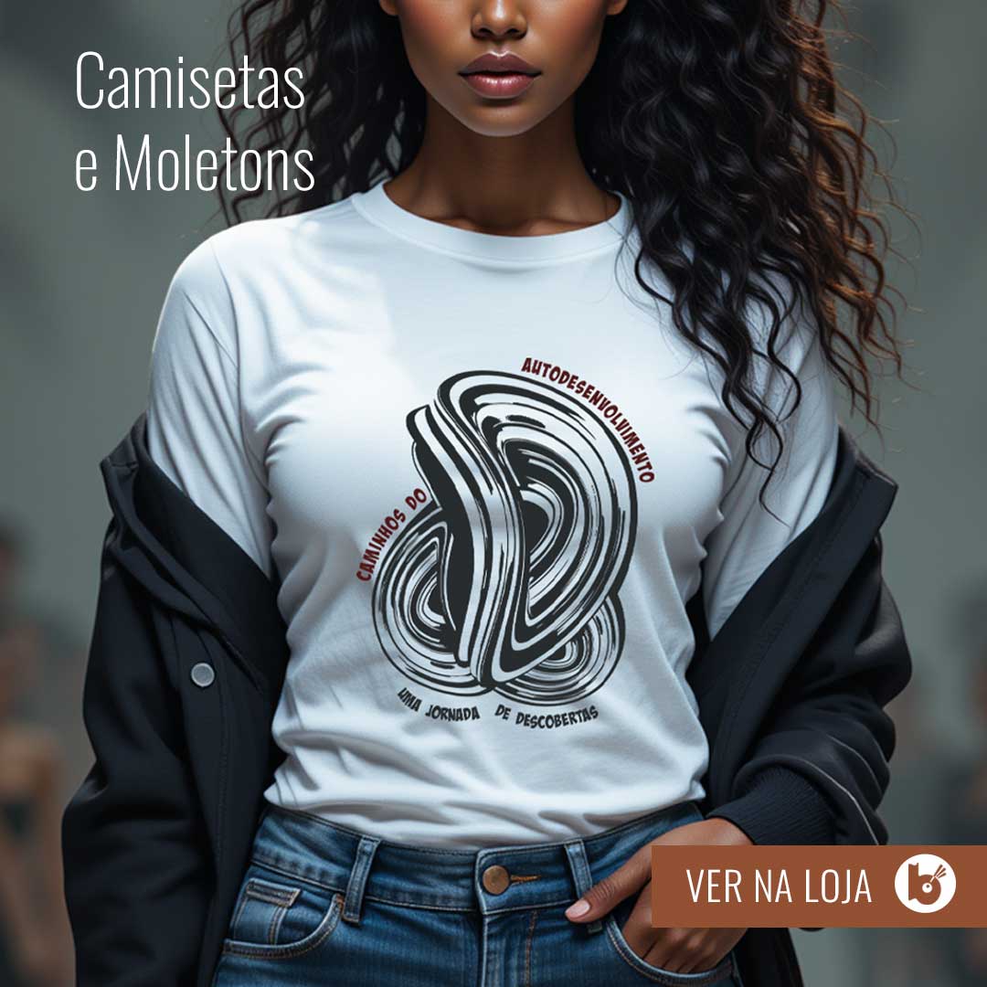 Modelo com a estampa caminhos do autodesenvolvimento - chamada para compra